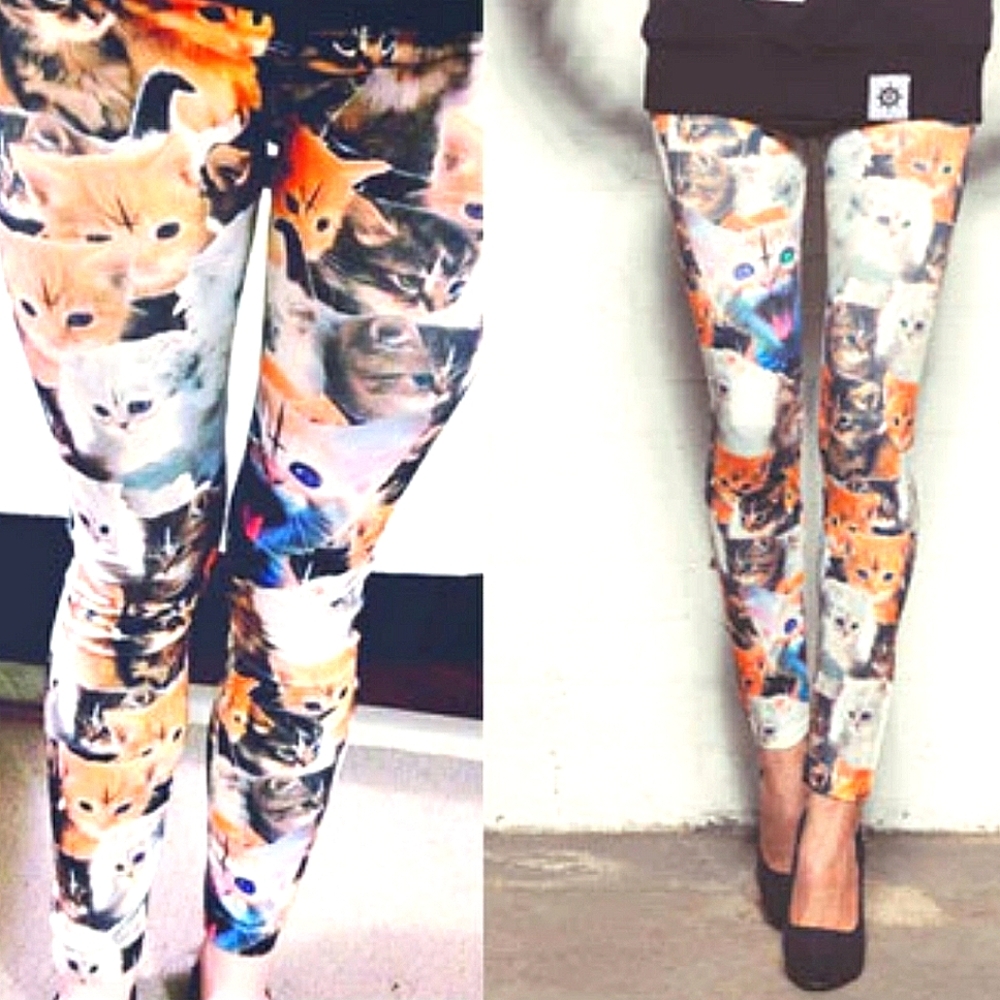 EVIL KITTEN LEGGINGS - Halloween Cats with Inverted Cross on Foreheads - Size M